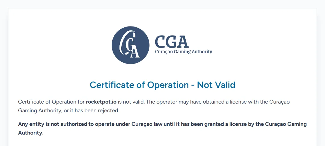 Curaçao Gaming Authority portal answer for rocketpot.io
